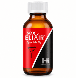 Sex Elixir Spanish Fly amber bottle with red and black label.