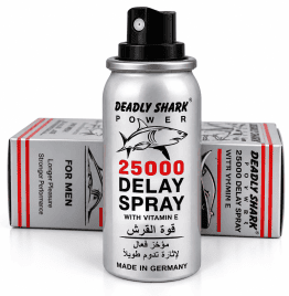 Deadly Shark Power 25000 Delay Spray bottle with matching packaging.