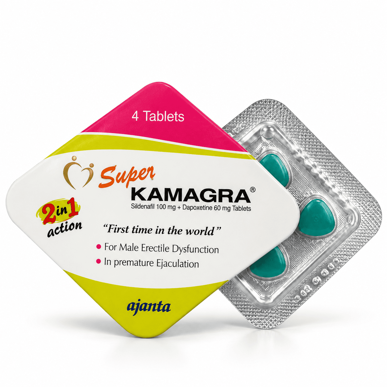Super Kamagra 100 mg and 60 mg tablets blister pack with white, pink, and yellow packaging.