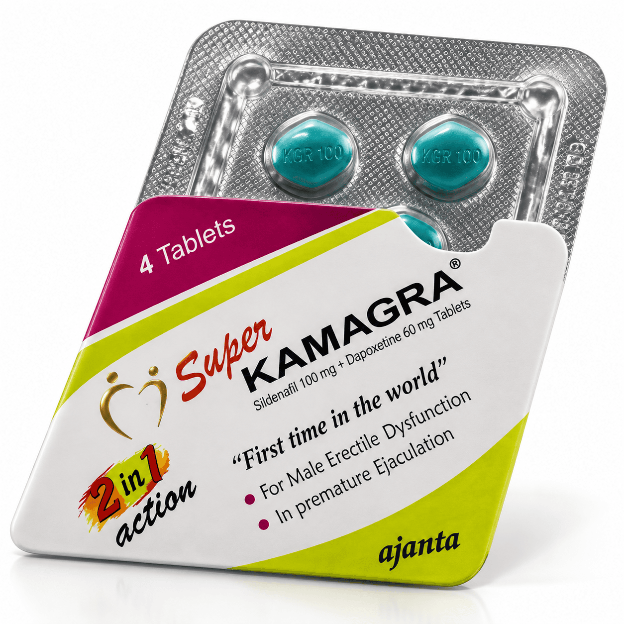 Super Kamagra 100 mg and 60 mg tablets blister pack with white, pink, and yellow packaging.