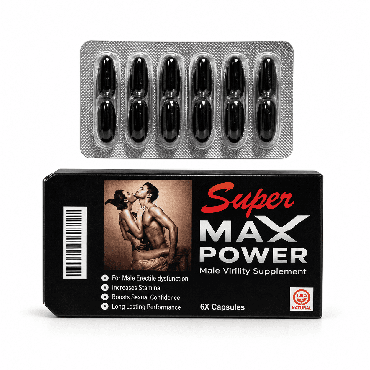 Super Max Power Sildenafil 100mg and Dapoxetine 60mg capsules in black packaging.