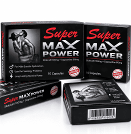 Super Max Power Sildenafil 100mg and Dapoxetine 60mg capsules in black packaging.