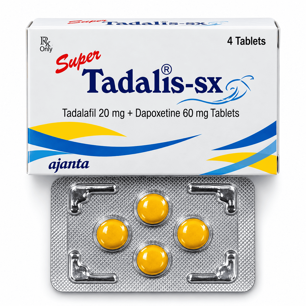 Super Tadalis-SX tablets box containing Tadalafil 20mg and Dapoxetine 60mg tablets.