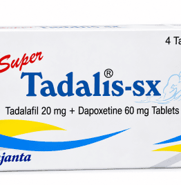 Super Tadalis-SX tablets box containing Tadalafil 20mg and Dapoxetine 60mg tablets.