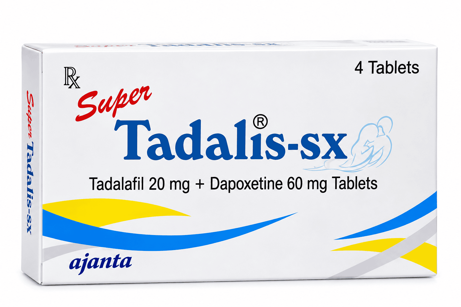 Super Tadalis-SX tablets box containing Tadalafil 20mg and Dapoxetine 60mg tablets.