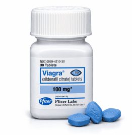 Pfizer Viagra 100 mg sildenafil citrate tablets bottle with blue tablets.