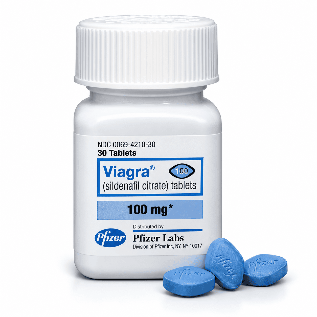 Pfizer Viagra 100 mg sildenafil citrate tablets bottle with blue tablets.