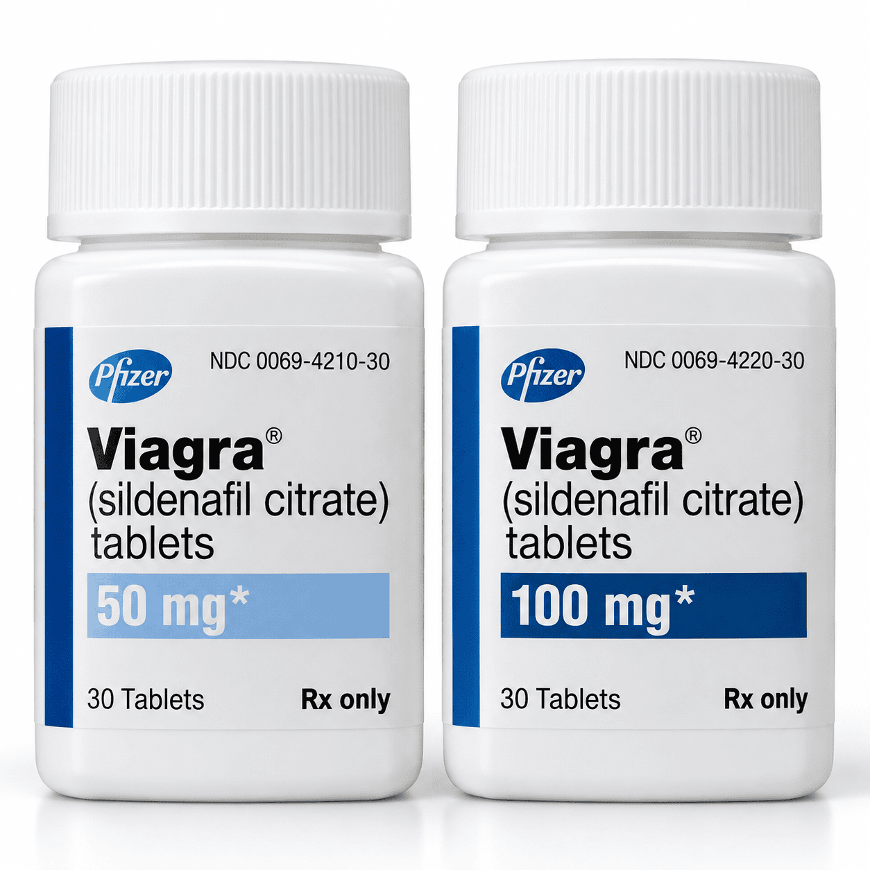 Pfizer Viagra 100 mg sildenafil citrate tablets bottle with blue tablets.