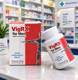 VigRX for Men herbal supplement box and bottle displayed in a pharmacy setting.