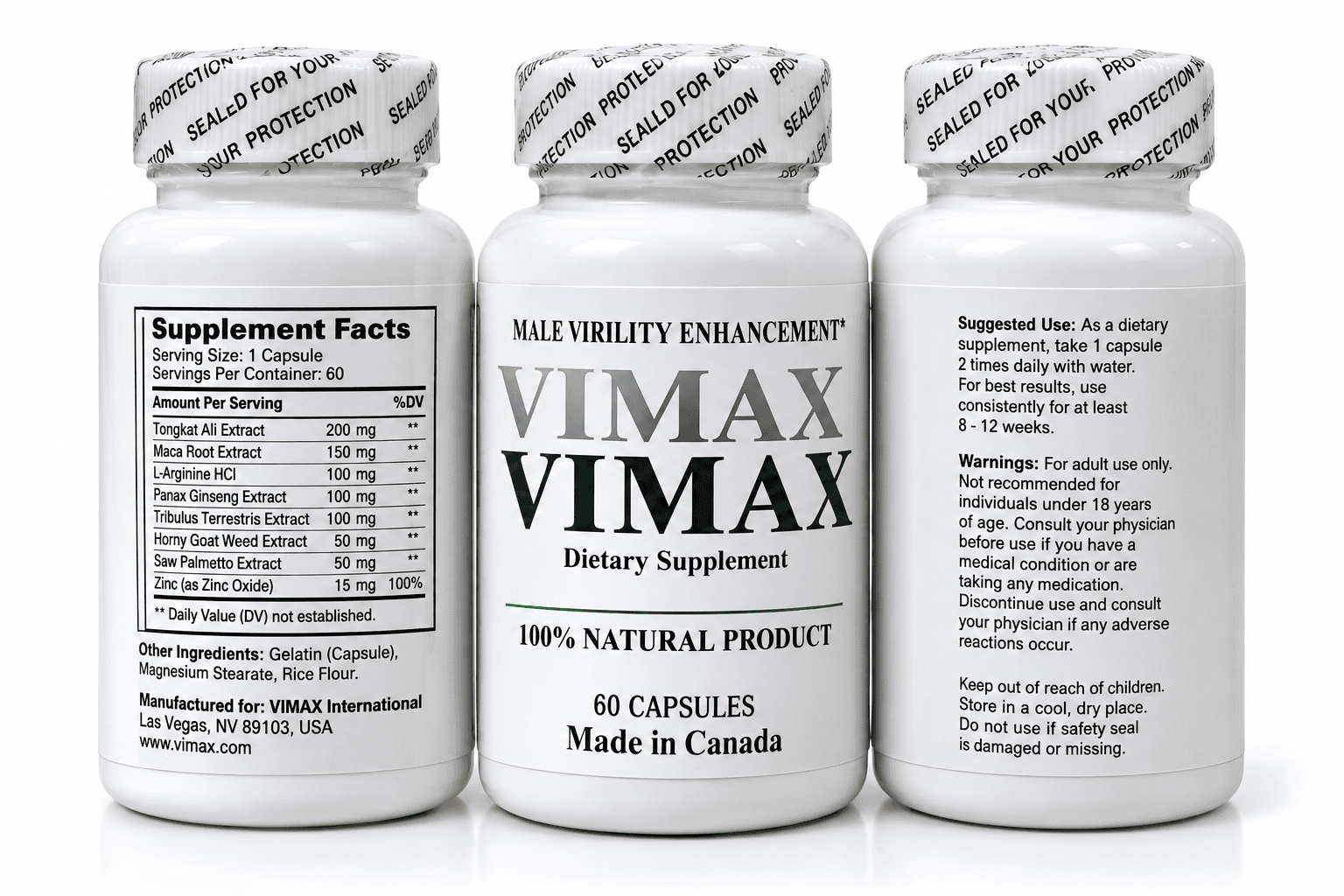 Vimax dietary supplement bottles showing male vitality enhancement ingredients and usage information.